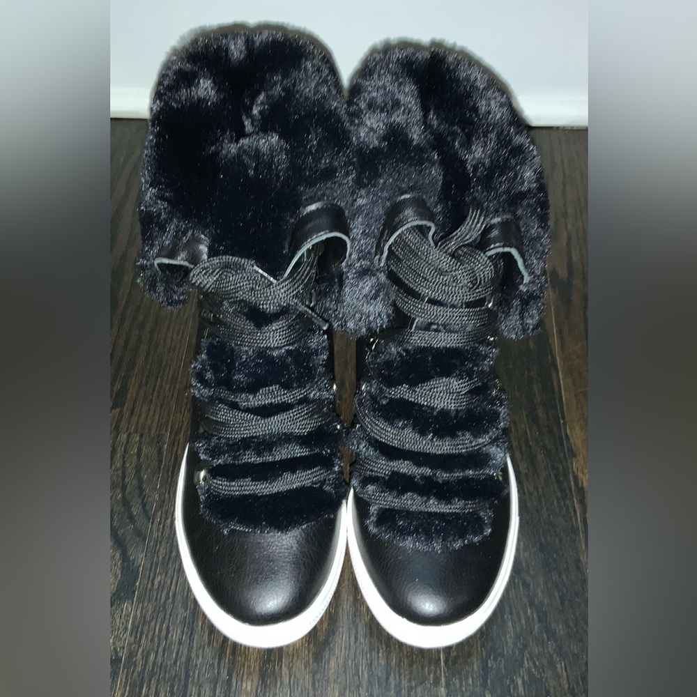 Donna Karan fur wedges